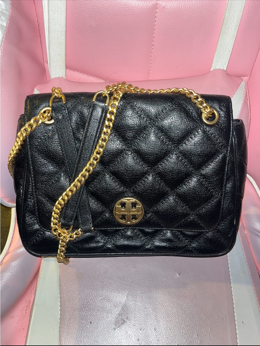 Tory Burch Quilted Leather Shoulder Bag with Gold Chain